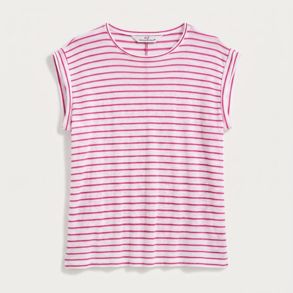 Vineyard Vines Womens XL Coastal Preppy Vacation Linen Striped Short Sleeve Tee